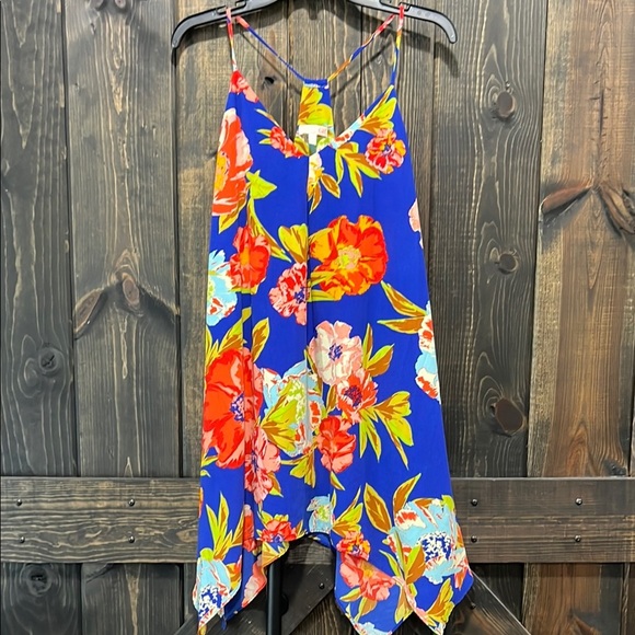 Gianni Bini Floral Mini Dress S Blue Sundress Tropical Resortwear Boho Hi Low - Picture 1 of 11
